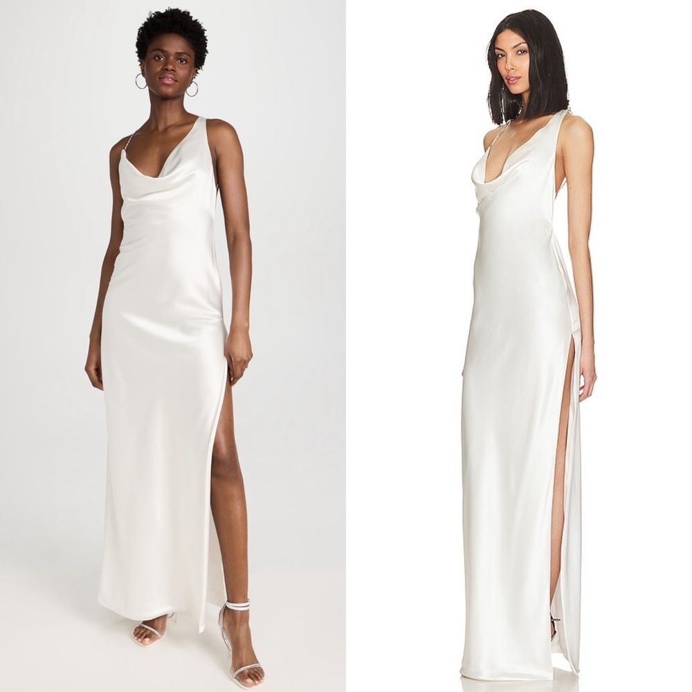 NWT RETROFETE Satin Asymmetric Crystal Chain Strap Draped Neck Open Back Gown S - Picture 5 of 13